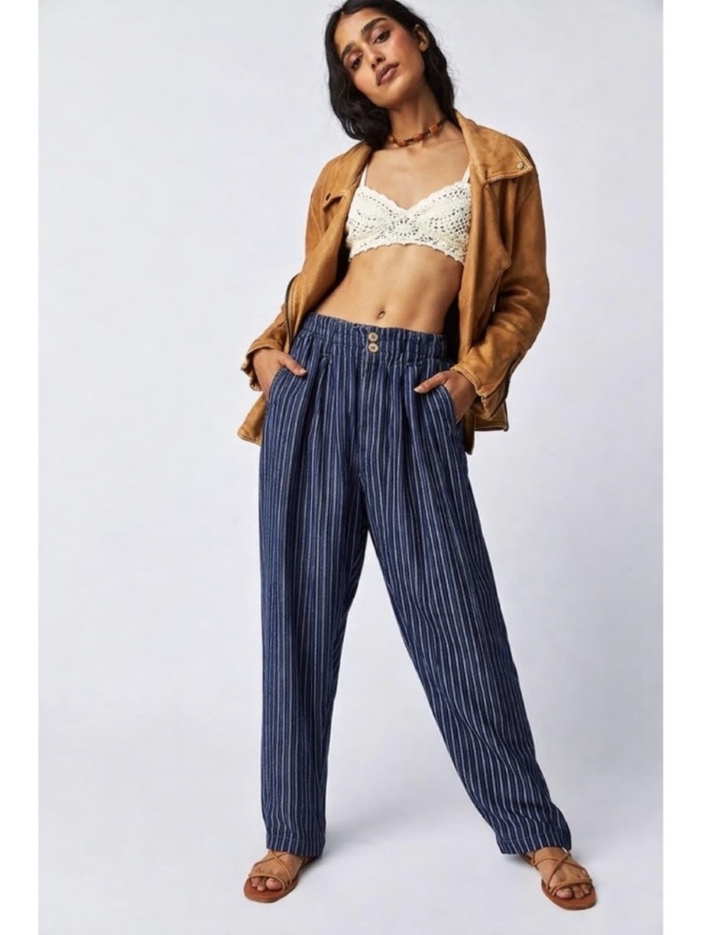 Free People x Dr. Collectors | Chic Navy Striped Women's Trousers ~ Small
